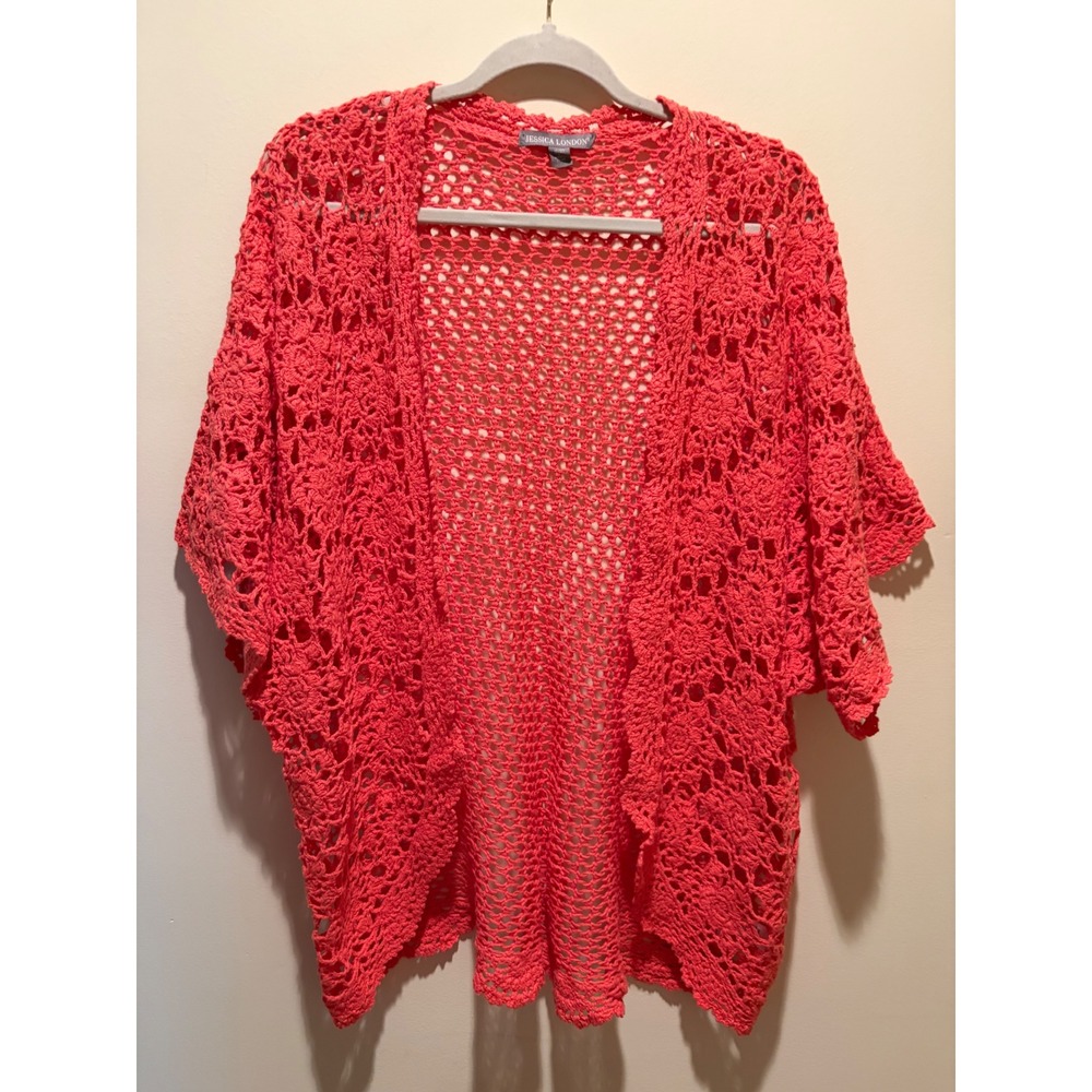Jessica London Coral Pink Crochet Open Front Cardigan Ramie Cotton Plus 18/20